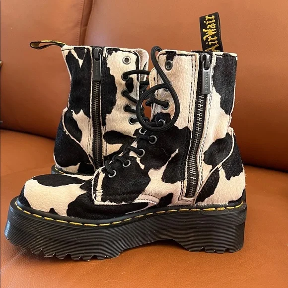 Dr. Martens Cow Print Piny Hair Platform Boots - Picture 4 of 5